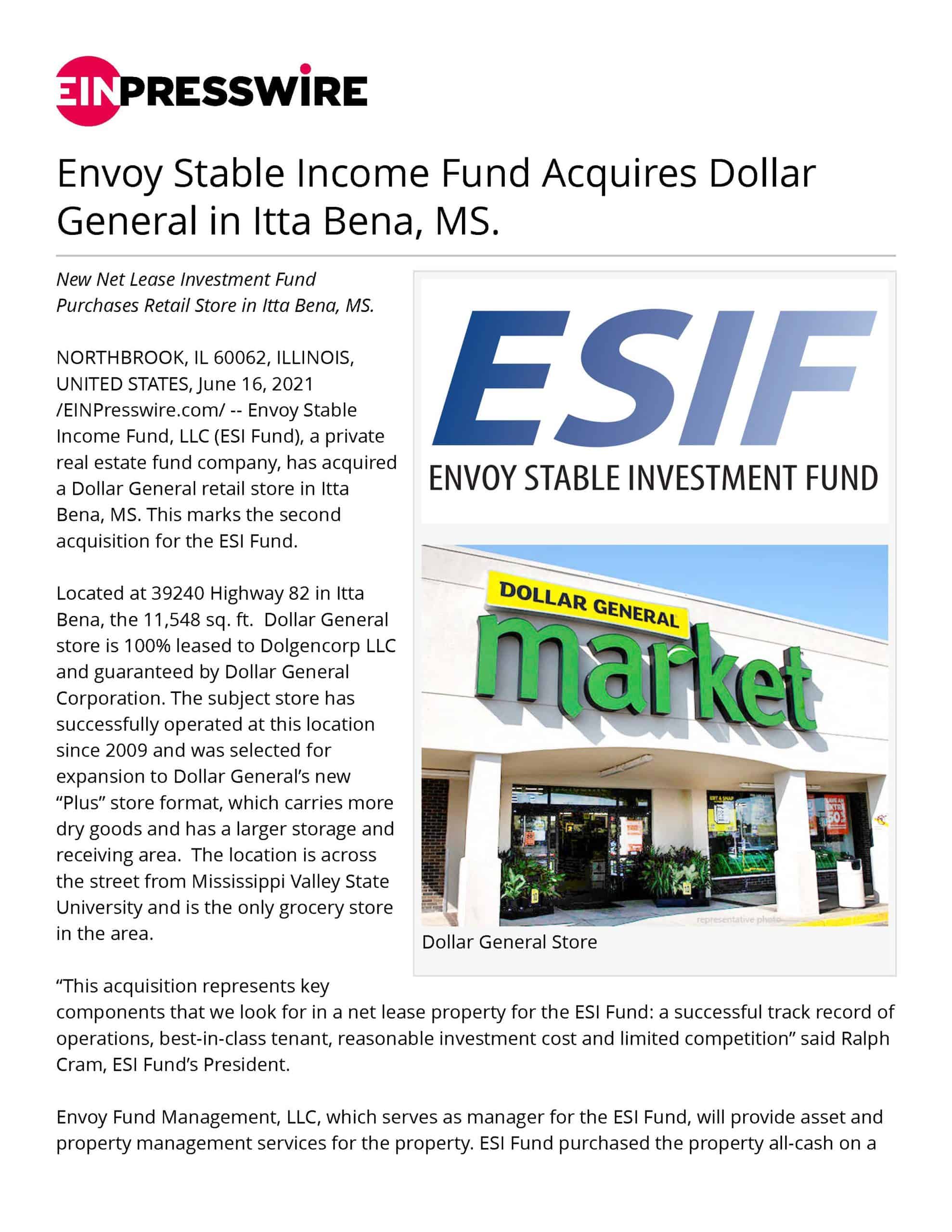 Read more about the article Envoy announces it second acquisition, a Dollar General store, for its new Net Lease Fund.