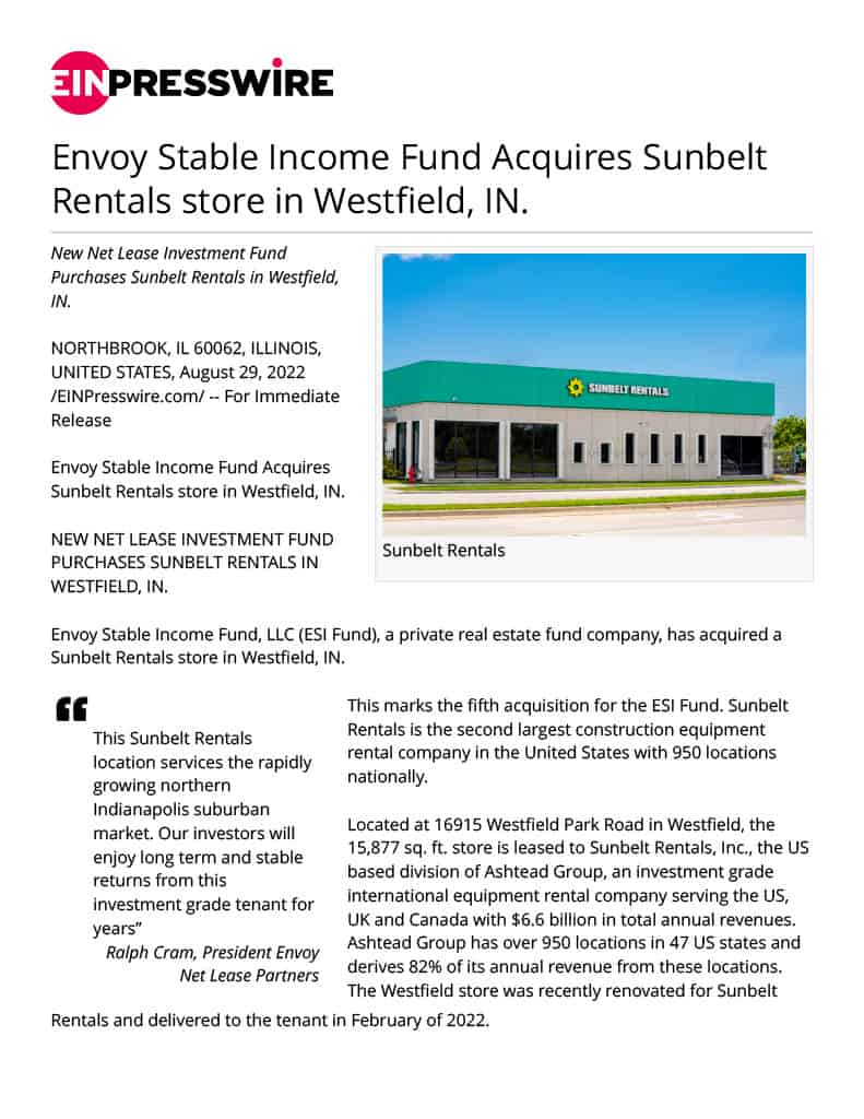 Read more about the article Envoy announces its fifth acquisition, Sunbelt Rentals, for its new Net Lease Fund.